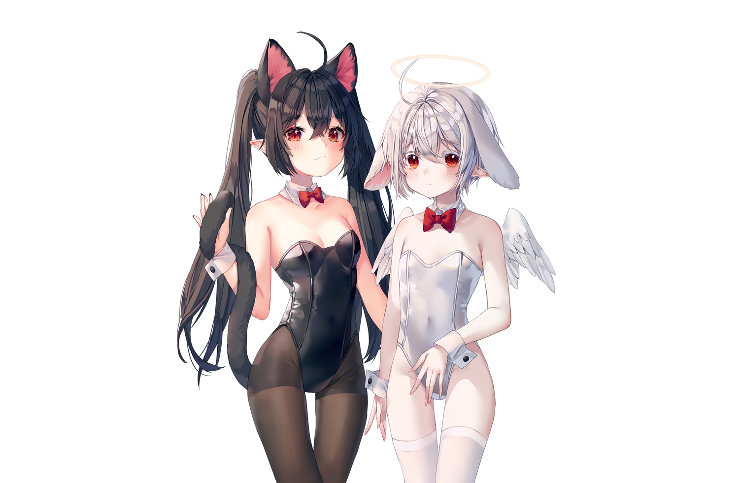 animal_ears, black_hair, blush, bow, bunny_ears, catgirl, fang, gray_hair