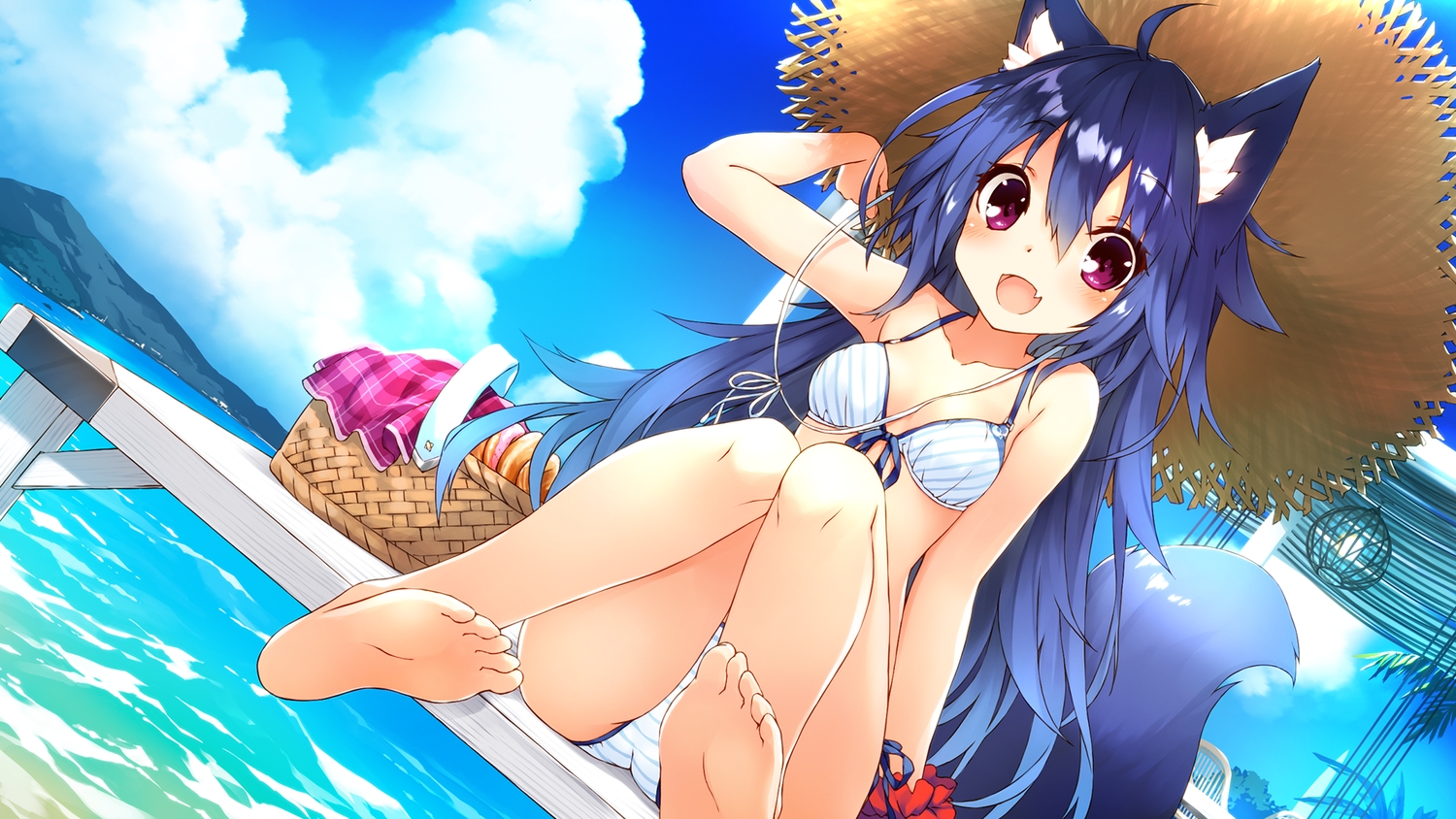 animal_ears, barefoot, bikini, blue_hair, blush, clouds, fang, food