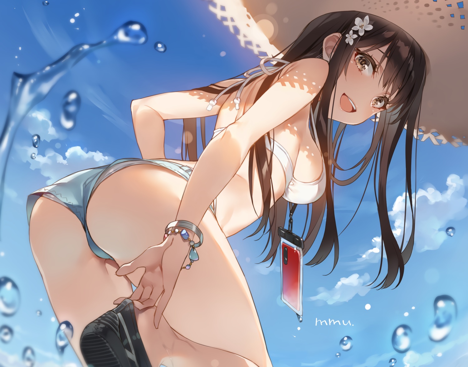 ass, bikini_top, blush, brown_eyes, brown_hair, clouds, cropped, hat, long_hair, mmu, original, phone, shorts, signed, sky, water, wristwear