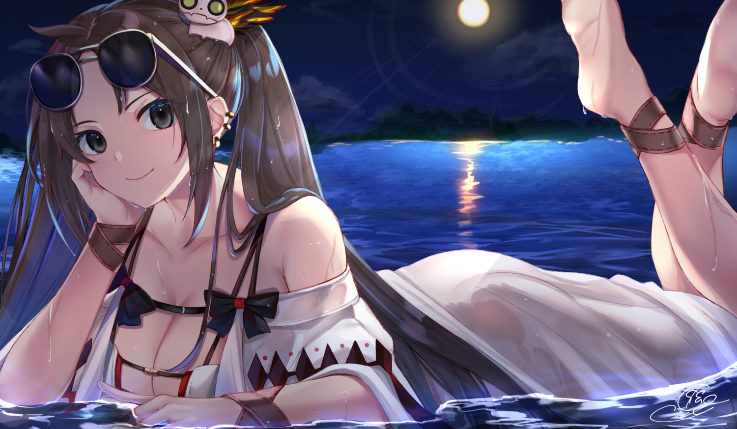 barefoot, black_eyes, brown_hair, consort_yu_(fate), fate/grand_order, fate_(series), gakuon_(gakuto), long_hair