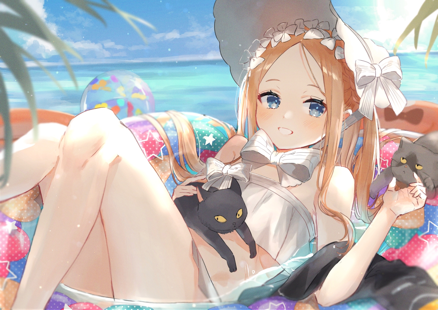 abigail_williams_(fate/grand_order), animal, bikini, blonde_hair, cat, clouds, fate/grand_order, fate_(series), flat_chest, hat, long_hair, oyuyu, sky, swim_ring, swimsuit, water