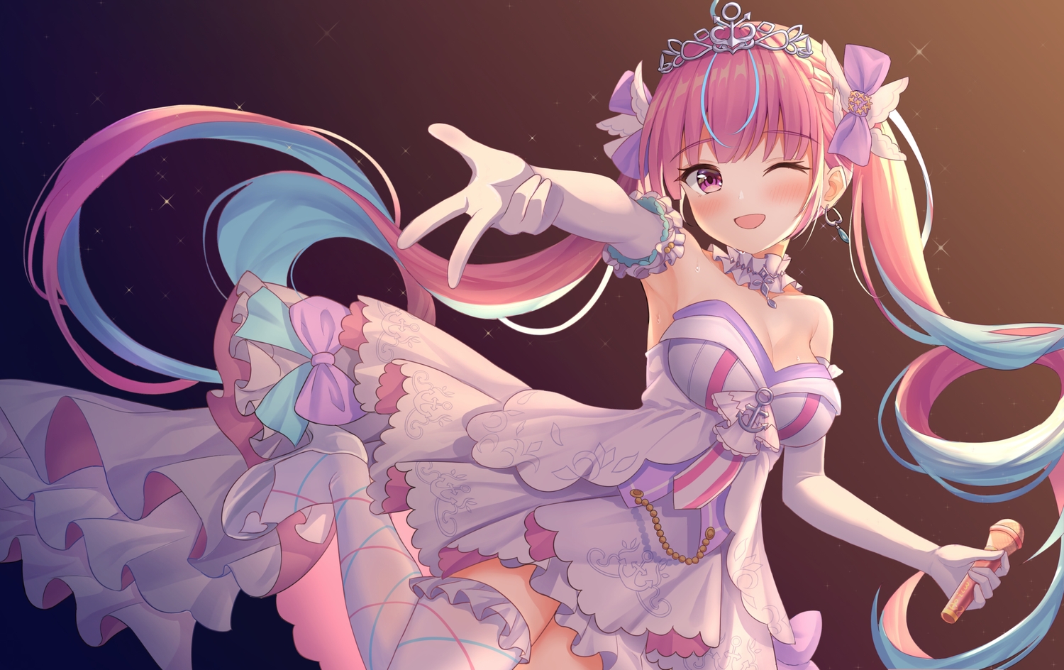 breasts, cleavage, dress, elbow_gloves, gloves, gradient, hololive, icwine, long_hair, microphone, minato_aqua, purple_eyes, purple_hair, tiara, twintails, wink