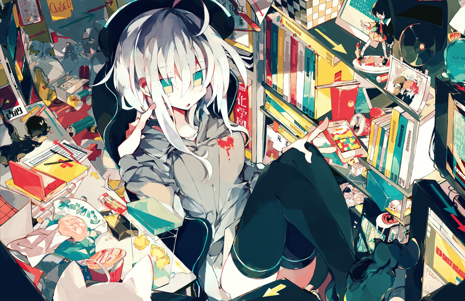 aqua_eyes, book, cigarette, drink, food, game_console, headphones, meto_(metrin), original, phone, polychromatic, thighhighs, white_hair