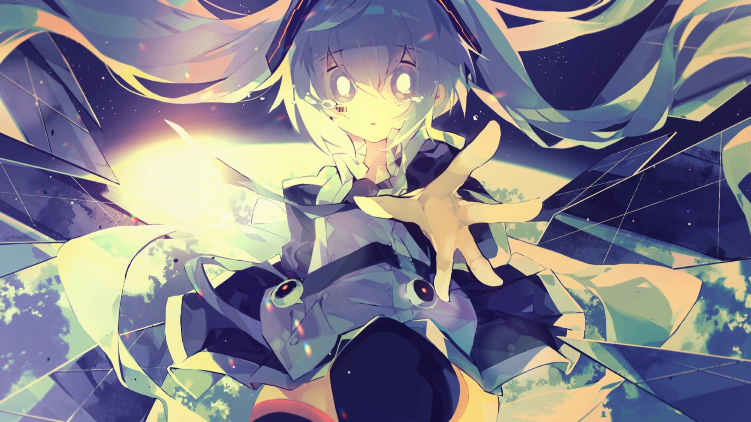 blue_eyes, hatsune_miku, long_hair, meto_(metrin), polychromatic, reflection, skirt, space, tears, thighhighs, tie, twintails, vocaloid