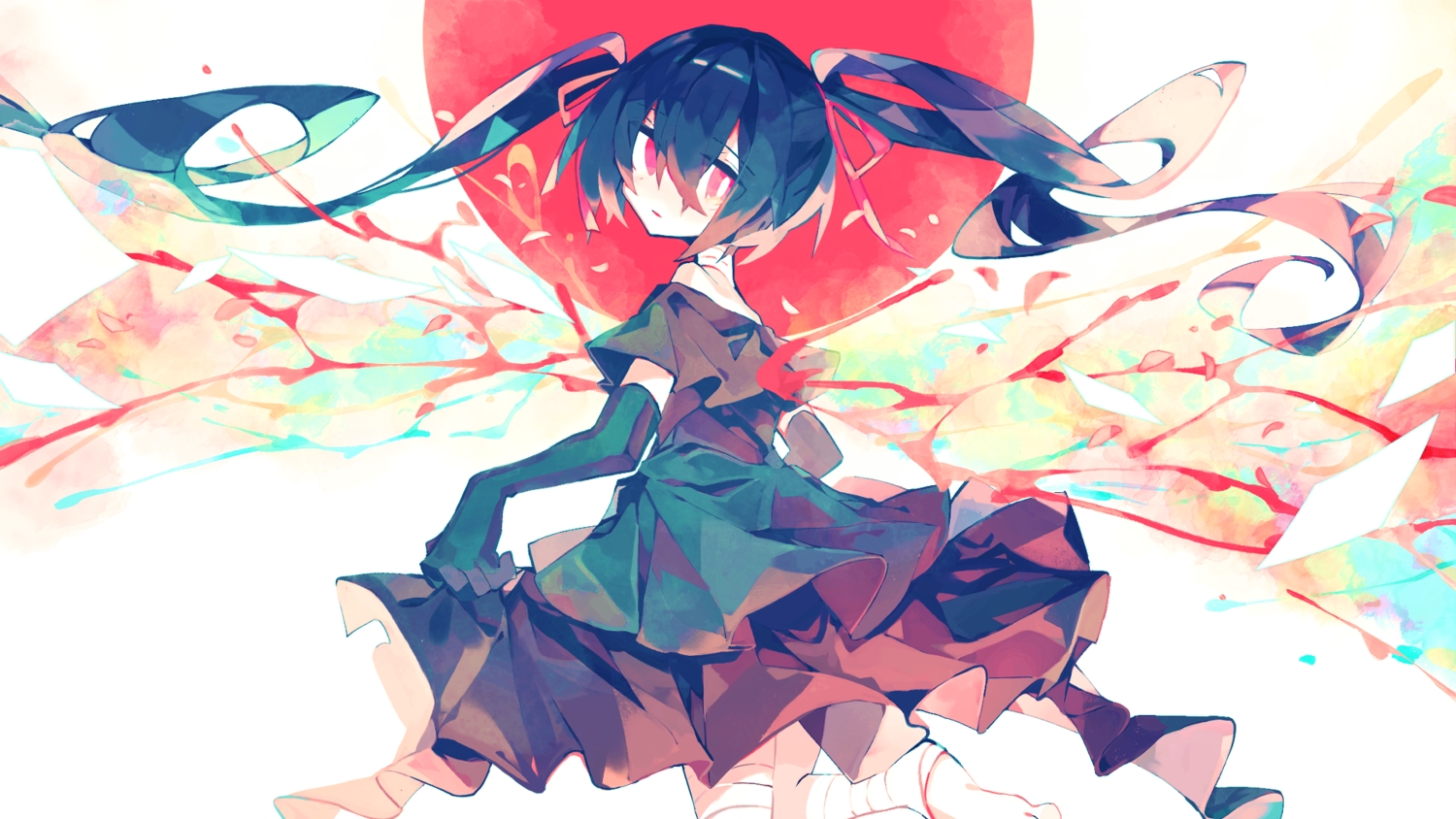 bandage, black_hair, dress, elbow_gloves, gloves, hatsune_miku, long_hair, meto_(metrin), polychromatic, red_eyes, twintails, vocaloid