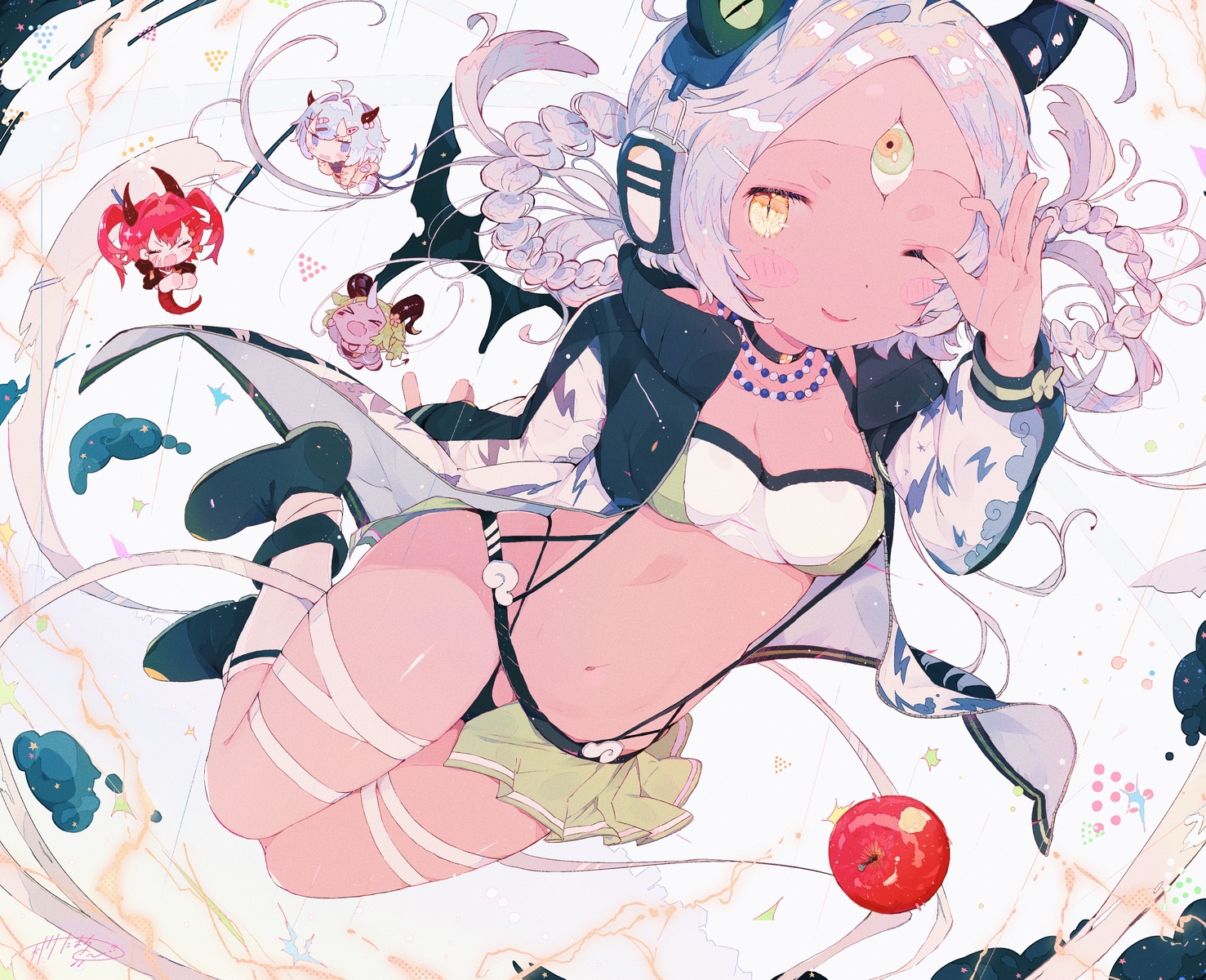 amakawa_tamawo, apple, braids, breasts, chibi, choker, cleavage, dark_skin