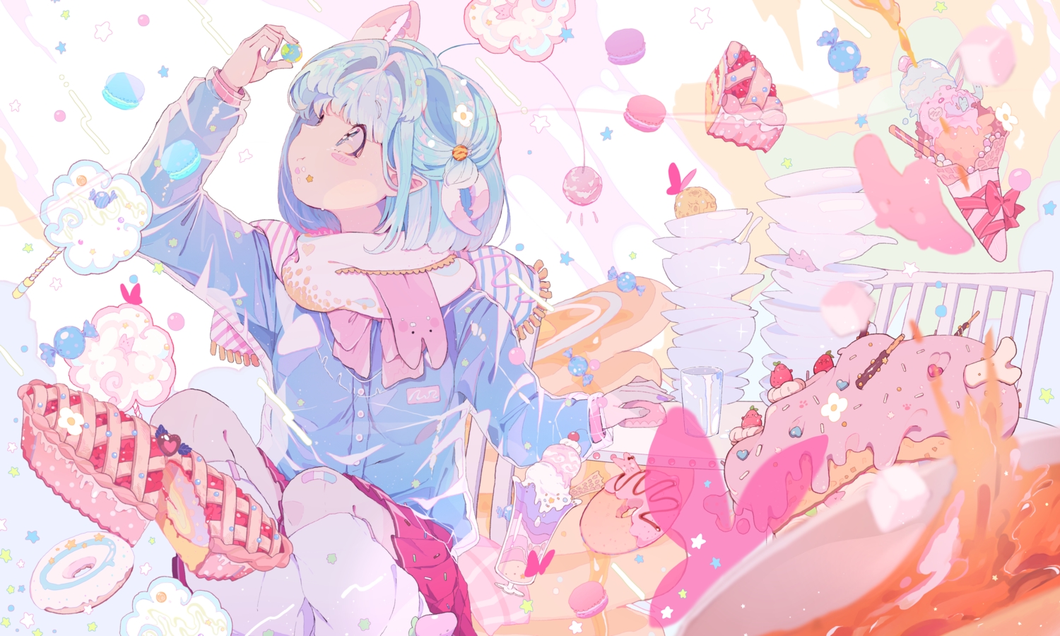 amakawa_tamawo, animal, bandaid, bird, blue_eyes, blue_hair, butterfly, candy, drink, earth, food, ice_cream, kneehighs, original, planet, pocky, pointed_ears, scarf, school_uniform, short_hair, skirt