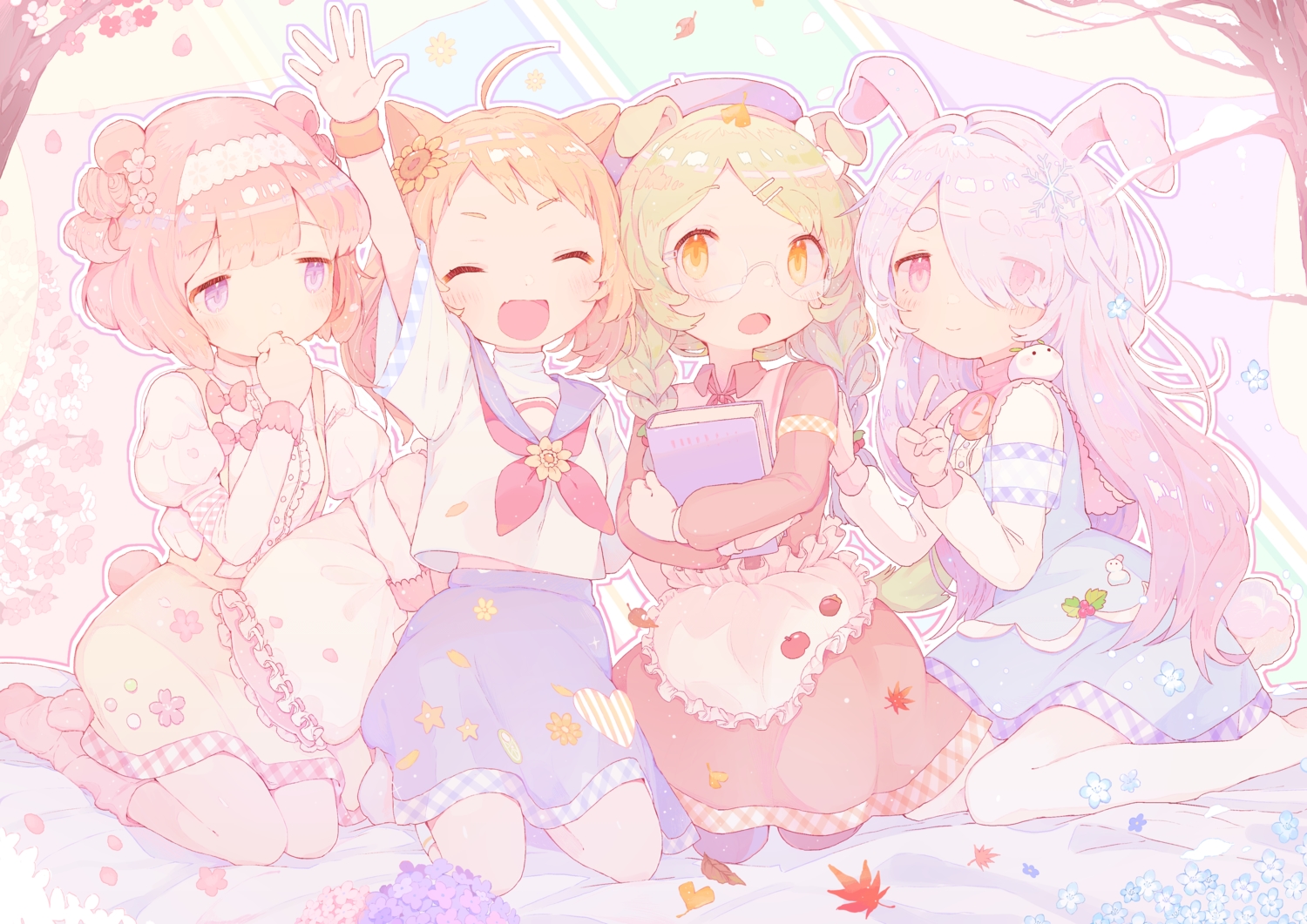 amakawa_tamawo, animal_ears, apron, blonde_hair, book, bunny_ears, bunnygirl, catgirl, doggirl, dress, fang, flowers, glasses, group, hat, headband, leaves, loli, lolita_fashion, long_hair, orange_hair, original, pink_hair, purple_eyes, red_eyes, school_uniform, short_hair, socks, tail, wristwear, yellow_eyes