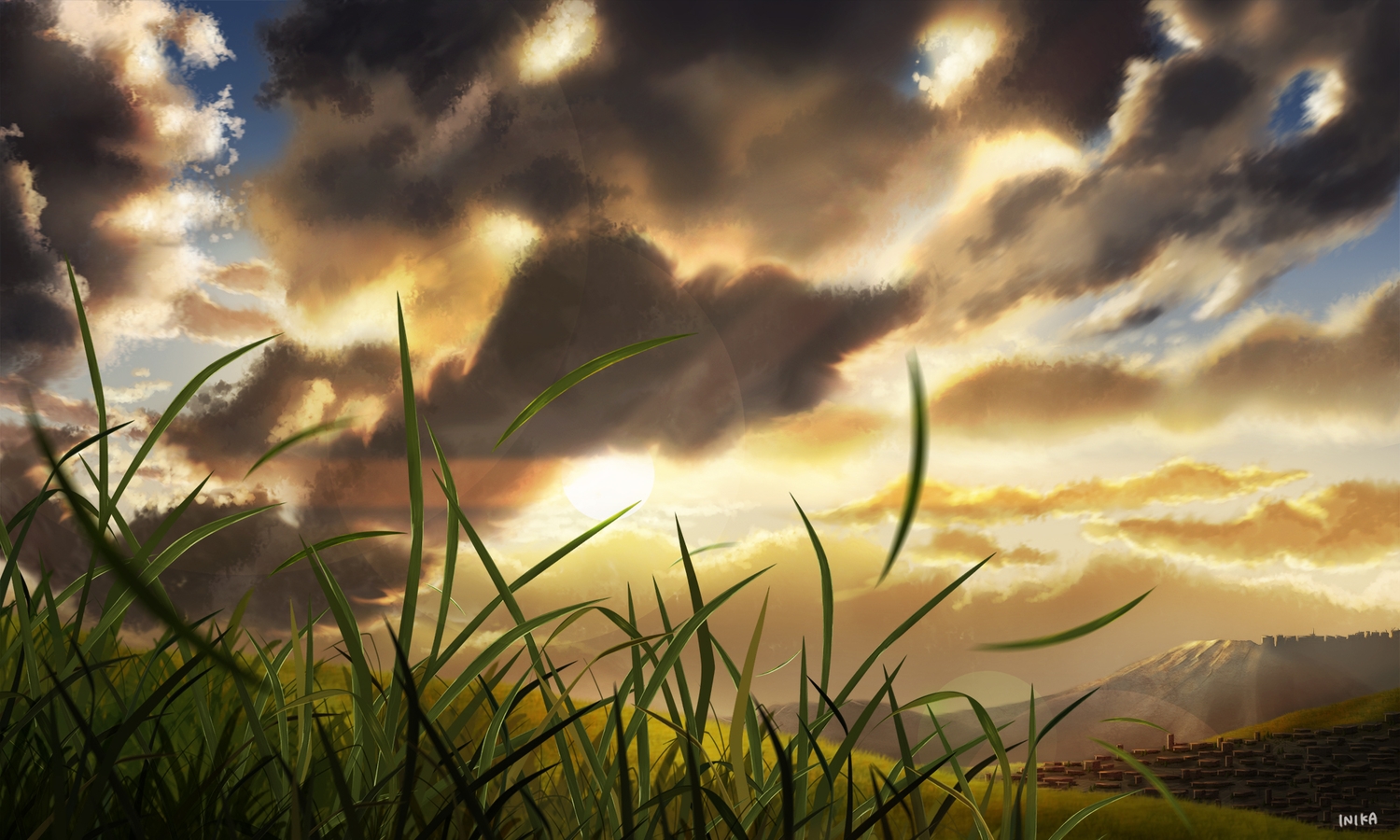 clouds, grass, inika, no_humans, original, scenic, signed, sky