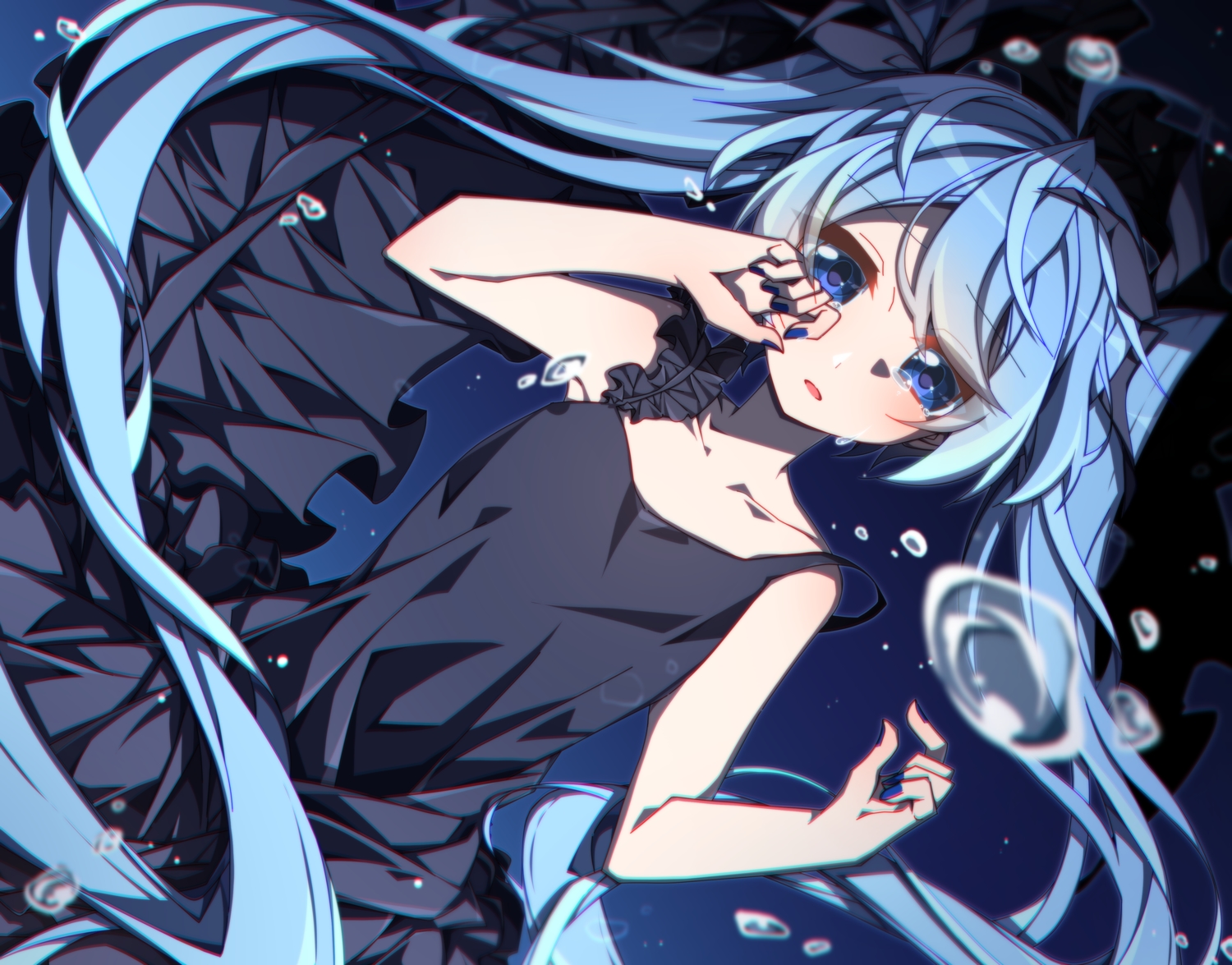aosaki_yato, blue_eyes, blue_hair, bubbles, deep-sea_girl_(vocaloid), dress, hatsune_miku, long_hair, tears, twintails, underwater, vocaloid, water