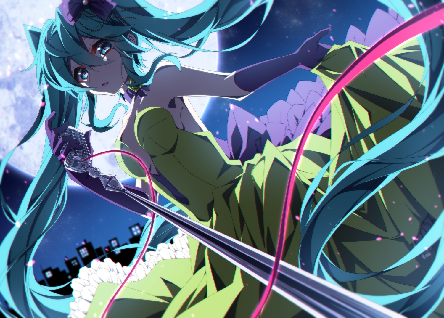 aosaki_yato, aqua_hair, blue_eyes, building, city, dress, elbow_gloves, gloves