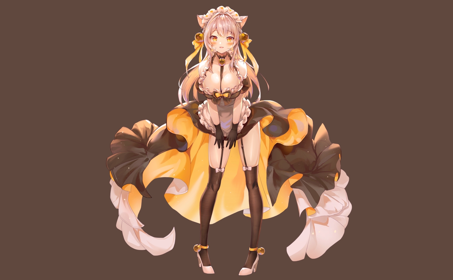 animal_ears, apron, bell, blush, bow, breasts, brown, catgirl, choker, cleavage, garter_belt, gloves, gray_hair, headdress, long_hair, luna_nyann, maid, orange_eyes, original, ribbons, skirt_lift, stockings
