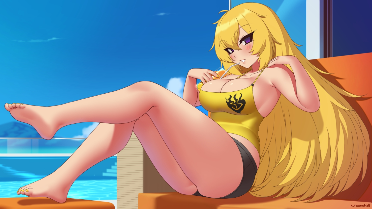 barefoot, blonde_hair, blush, breasts, cleavage, clouds, couch, drink