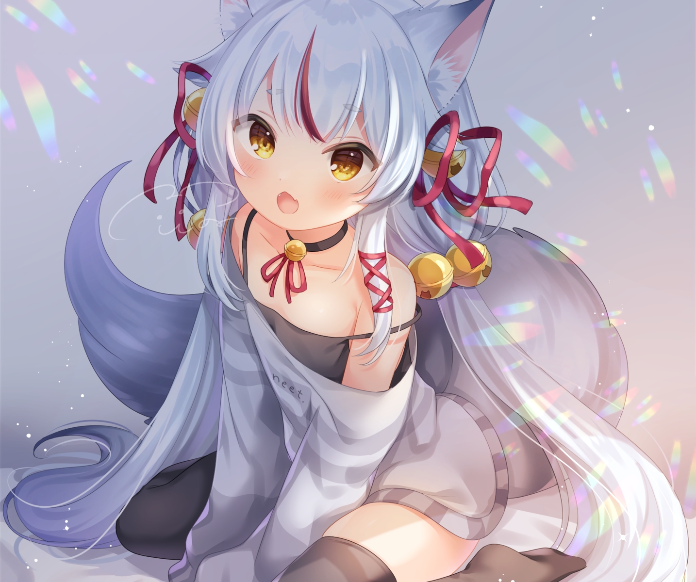 animal_ears, bell, blush, choker, cropped, fang, foxgirl, kamiko_kana, komachi_pochi, loli, ribbons, signed, tail, thighhighs, white_hair, yellow_eyes, zettai_ryouiki