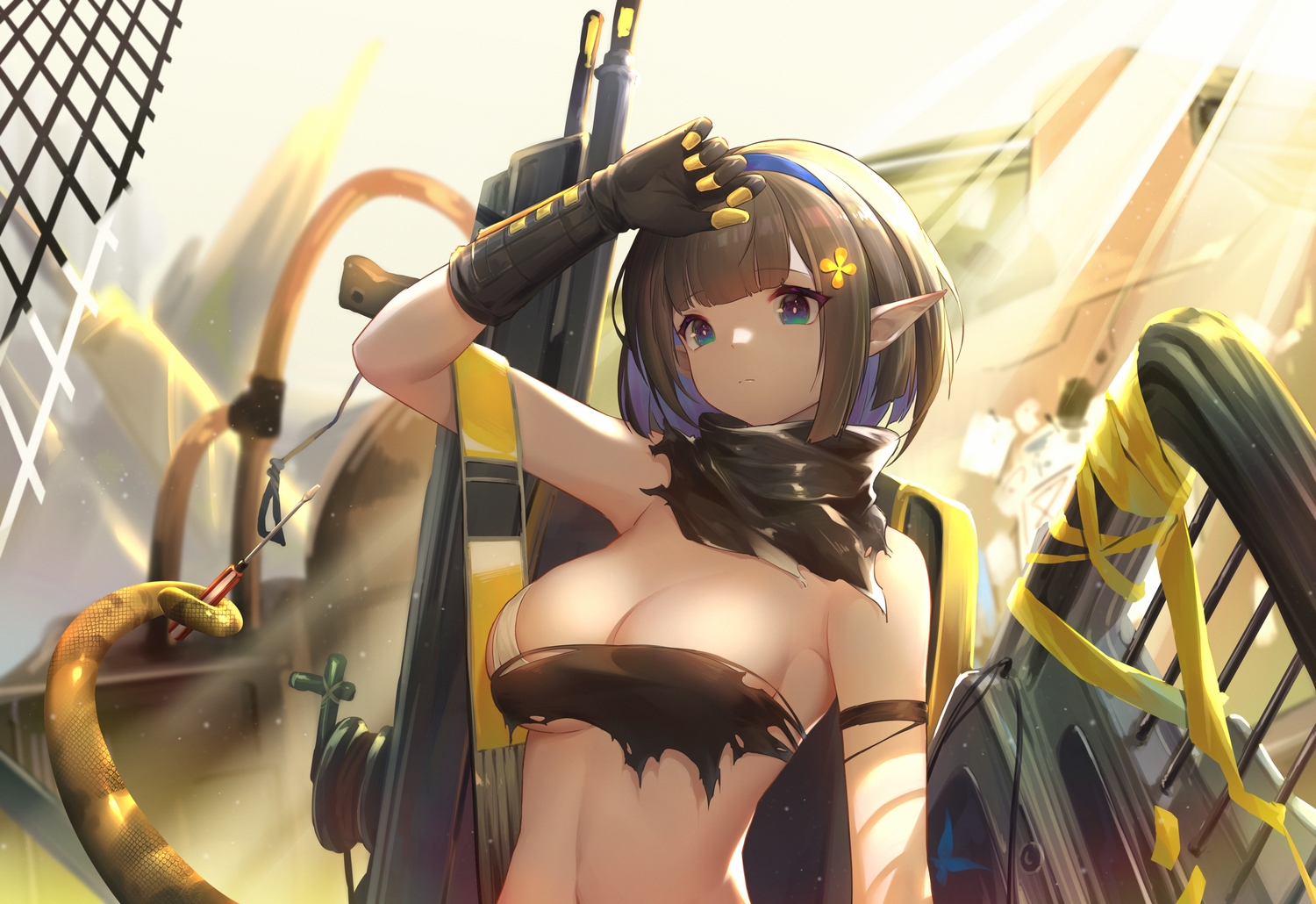 arknights, breasts, brown_hair, cleavage, close, eunectes_(arknights), gloves, jiusan_naitan