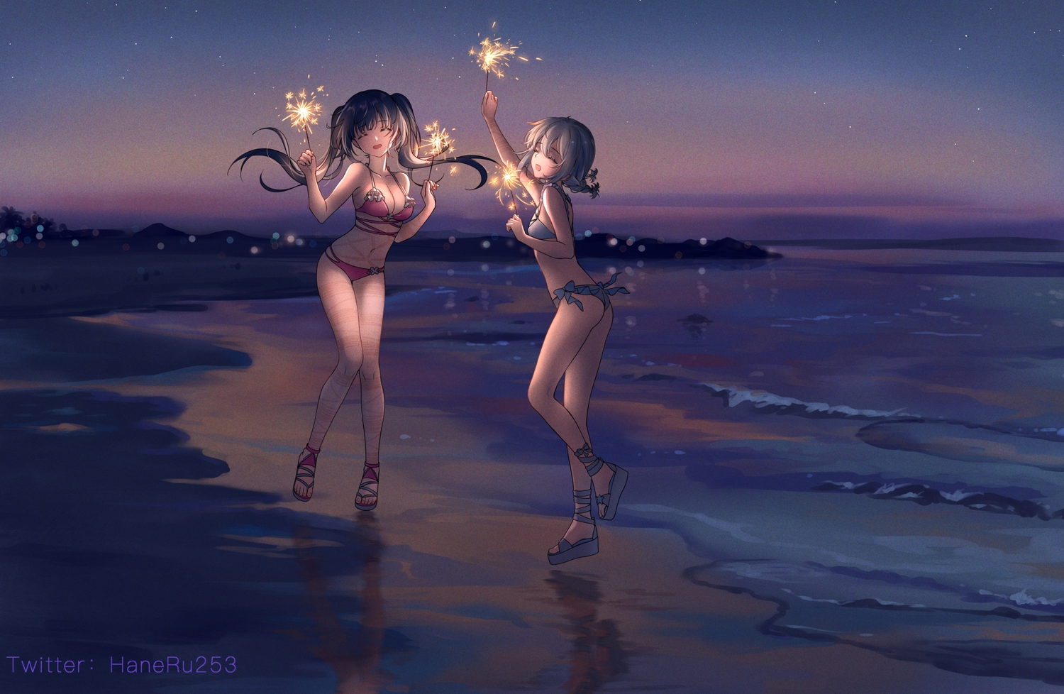 2girls, beach, bikini, black_hair, breasts, cleavage, fireworks, gray_hair, haneru, haori_haruki, himino_seika, original, scenic, short_hair, sunset, swimsuit, twintails, water, watermark