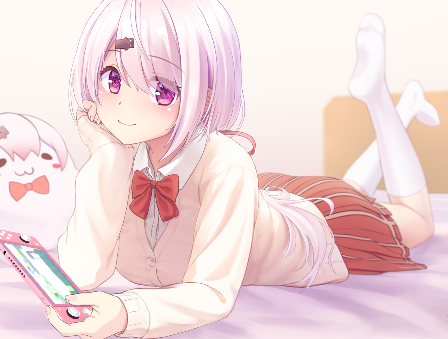 bed, bow, game_console, kneehighs, long_hair, nijisanji, pink_hair, ponytail