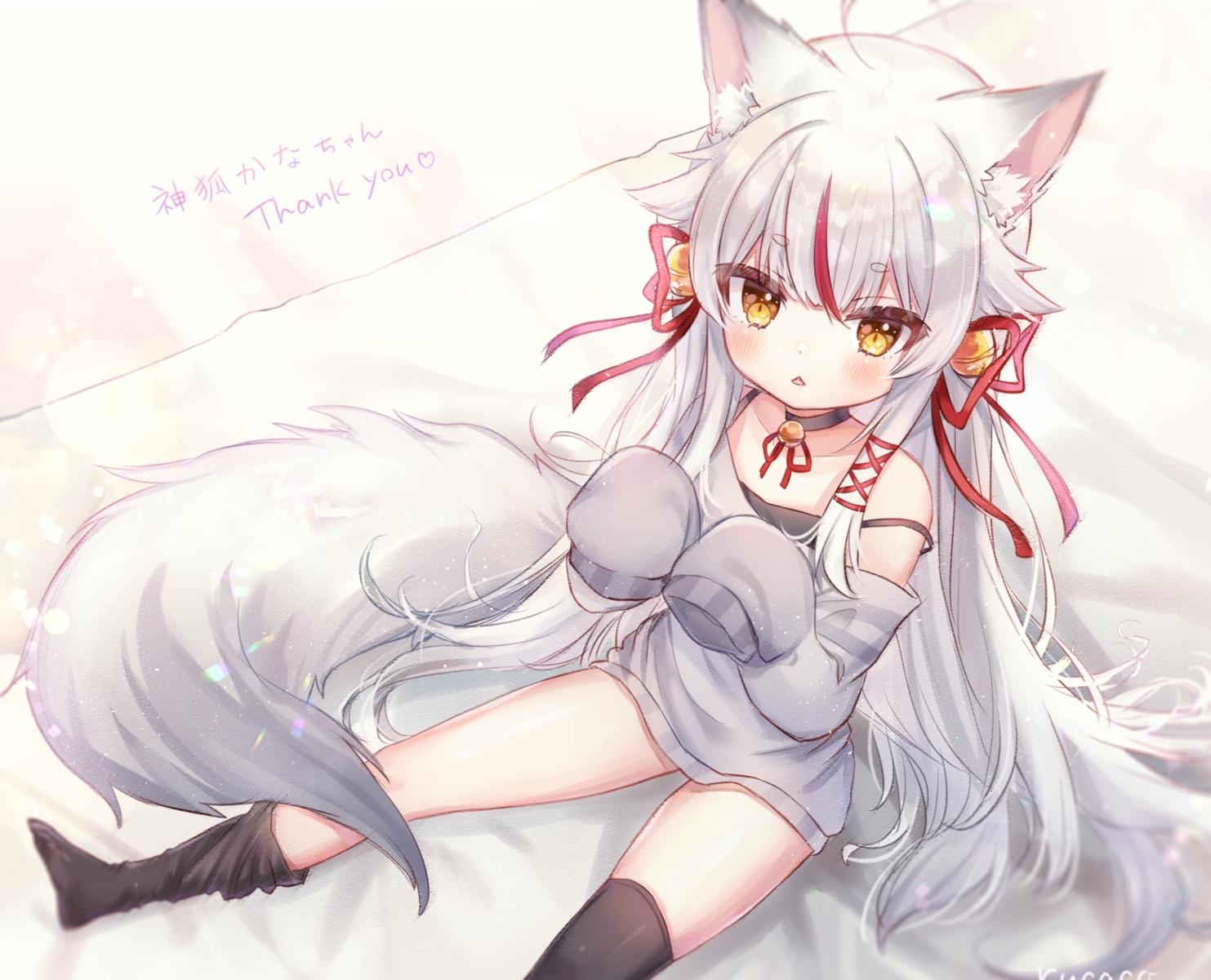 animal_ears, bell, blush, cat_smile, choker, cropped, foxgirl, kamiko_kana, loli, long_hair, ribbons, rucaco, tail, thighhighs, white_hair, yellow_eyes
