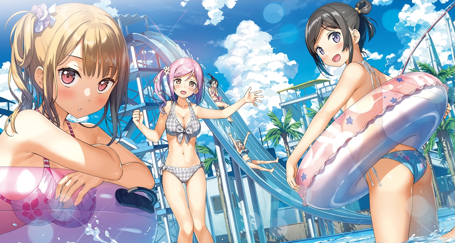 ass, barefoot, bikini, black_hair, blush, brown_eyes, brown_hair, clouds, hashima_chihiro, imouto_sae_ireba_ii., kantoku, navel, park, pink_eyes, ponytail, pool, purple_eyes, purple_hair, scan, shirakawa_miyako, sky, swim_ring, swimsuit, tagme_(character), water, white_hair