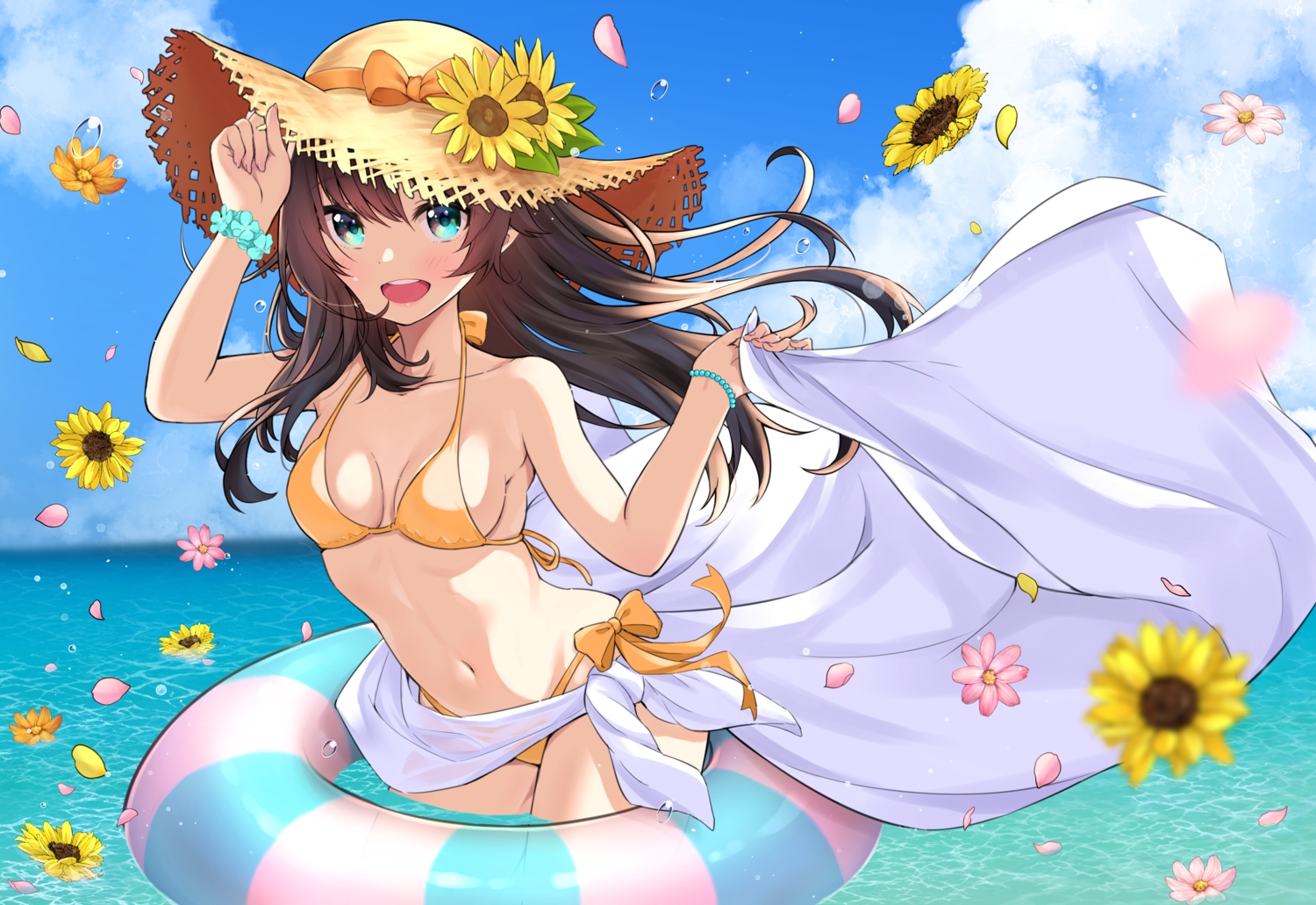 aqua_eyes, bikini, blush, breasts, brown_hair, cleavage, flowers, haru_(re_ilust)
