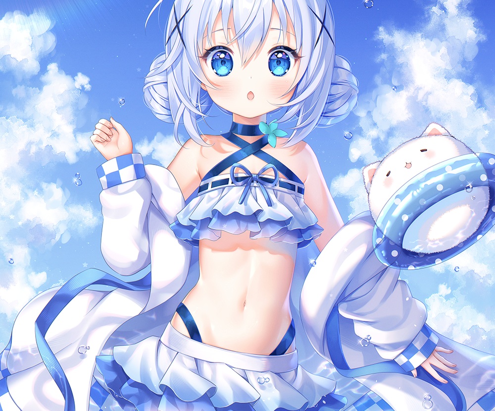 animal, aqua_eyes, bikini, blush, choker, clouds, cropped, gochuumon_wa_usagi_desu_ka?