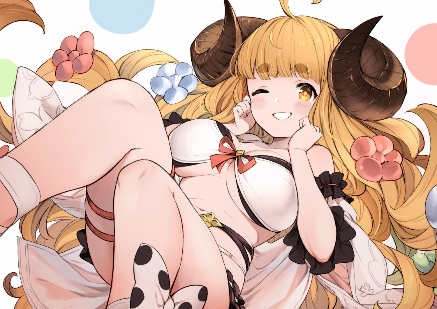 anila_(granblue_fantasy), bikini, blonde_hair, blush, breasts, granblue_fantasy, horns, iwao_(pixiv258710), long_hair, navel, sheepgirl, swimsuit, wink
