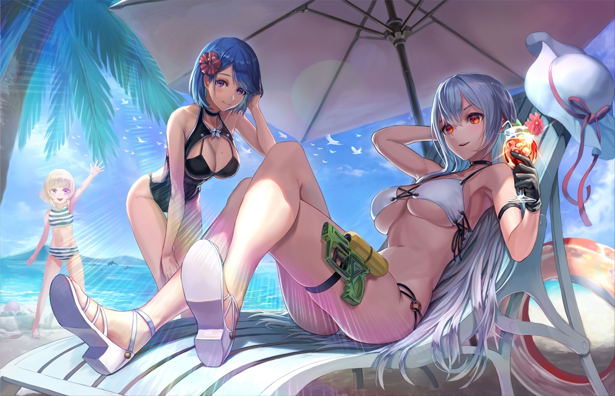 anthropomorphism, azur_lane, beach, breasts, chapayev_(azur_lane), cleavage, clouds, drink