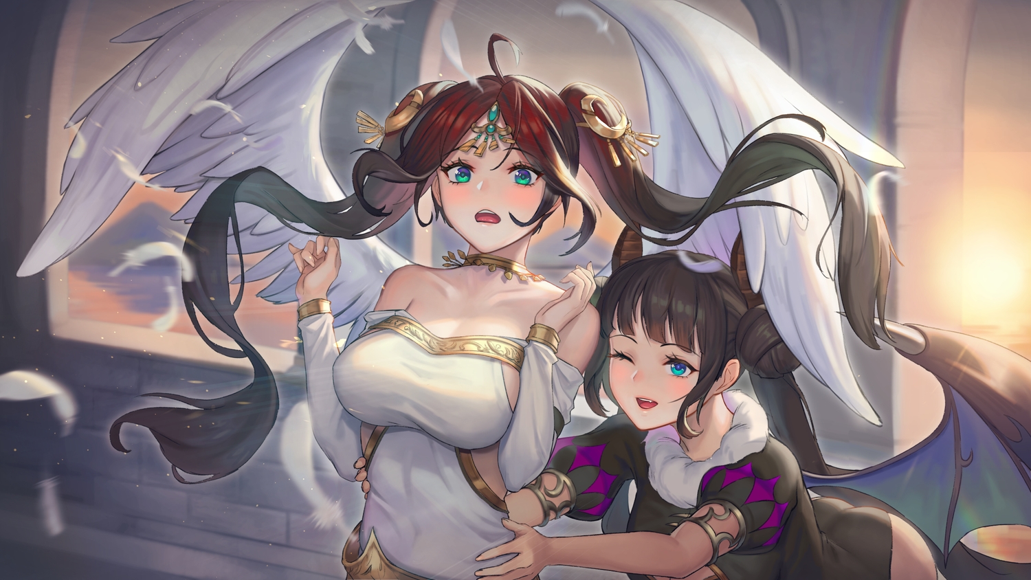 2girls, aqua_eyes, brown_hair, feathers, long_hair, moonandmist, original, shoujo_ai
