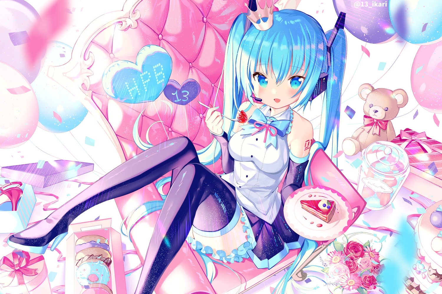 aqua_eyes, aqua_hair, cropped, crown, flowers, food, fruit, hatsune_miku