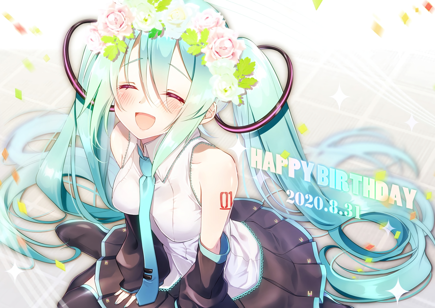 aqua_hair, blush, boots, flowers, hatsune_miku, headdress, long_hair, maronie.