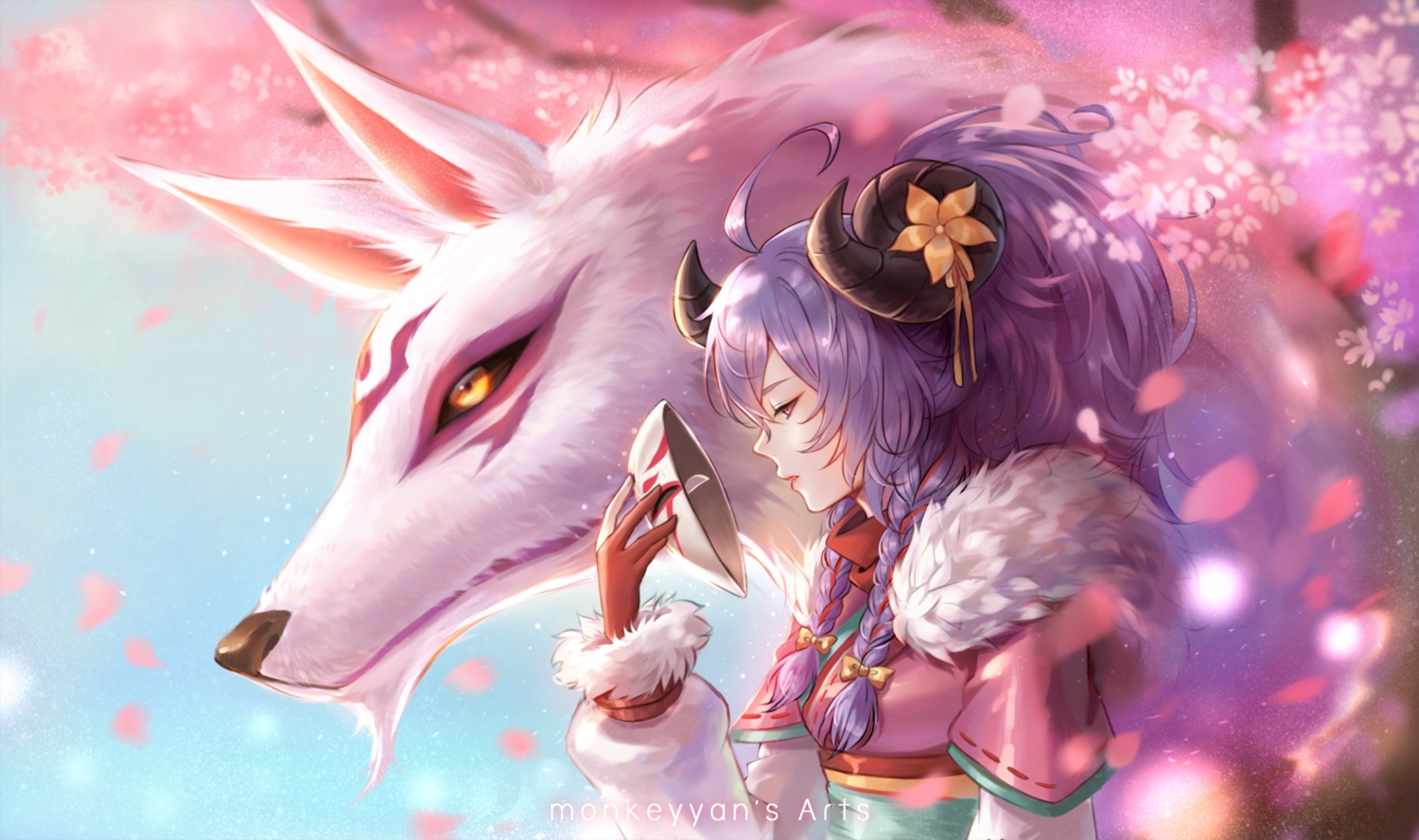 animal, braids, cherry_blossoms, flowers, gloves, hood, horns, japanese_clothes
