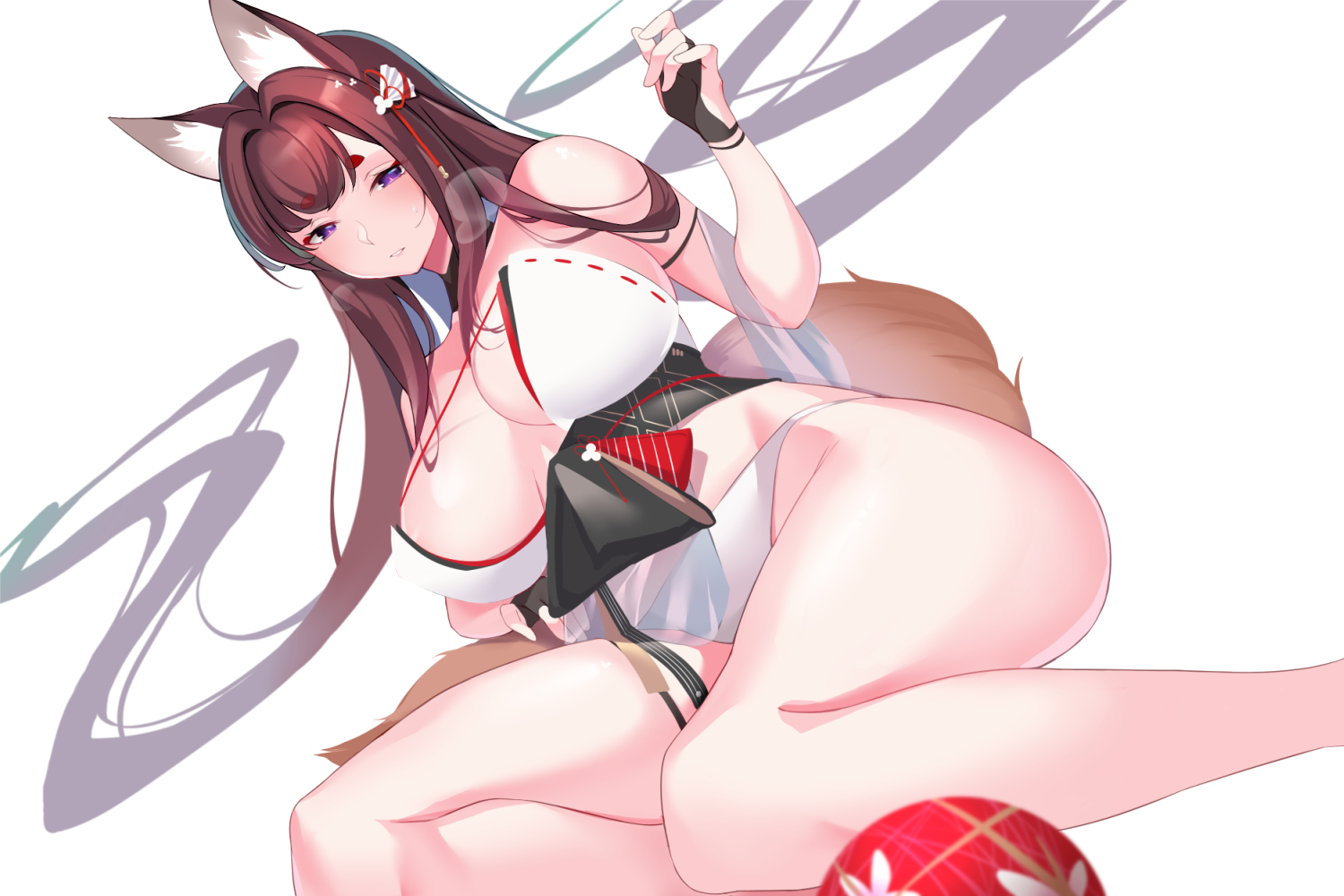 amagi_(azur_lane), animal_ears, anthropomorphism, azur_lane, ball, breasts, brown_hair, cleavage, foxgirl, gloves, japanese_clothes, kaneko_(bblogtinhan), long_hair, panties, purple_eyes, see_through, tail, underwear