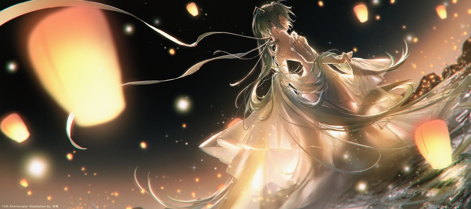 dress, hatsune_miku, lengchan_(fu626878068), long_hair, miku_symphony_(vocaloid), night, twintails, vocaloid, watermark