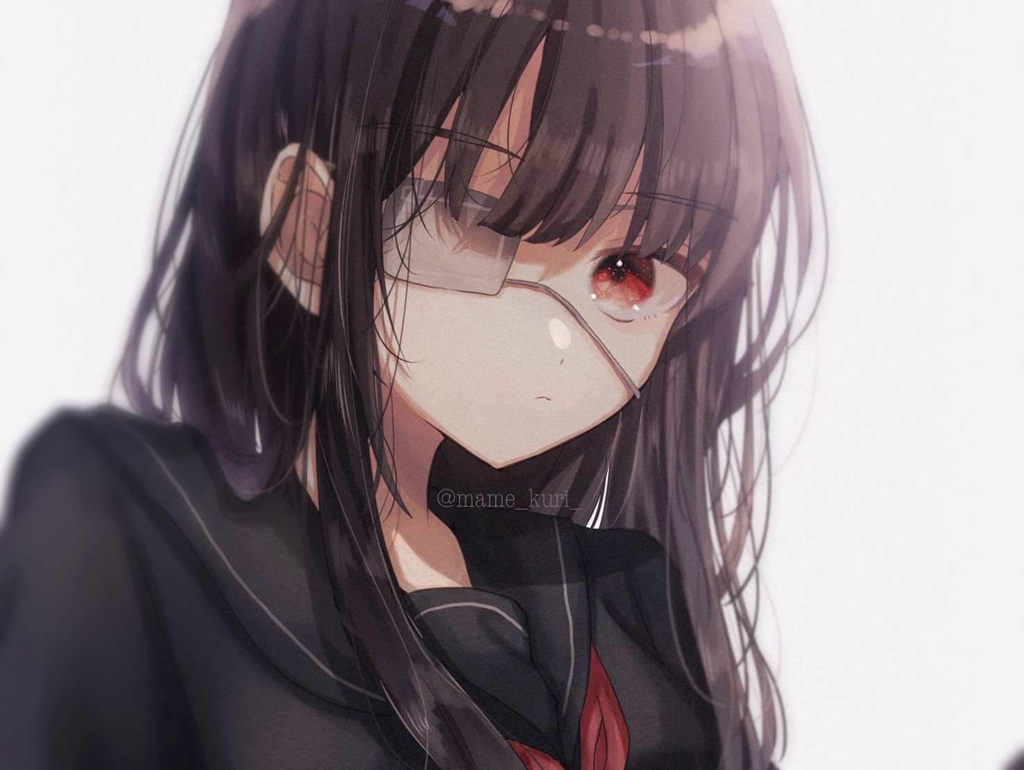 brown_hair, close, eyepatch, long_hair, mame_kuri, original, red_eyes, school_uniform, watermark