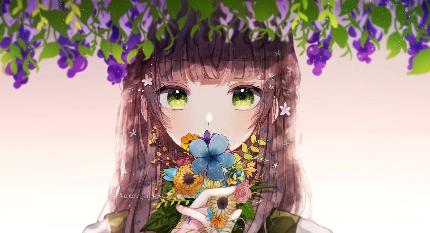 brown_hair, close, flowers, gradient, green_eyes, long_hair, mame_kuri, original, watermark