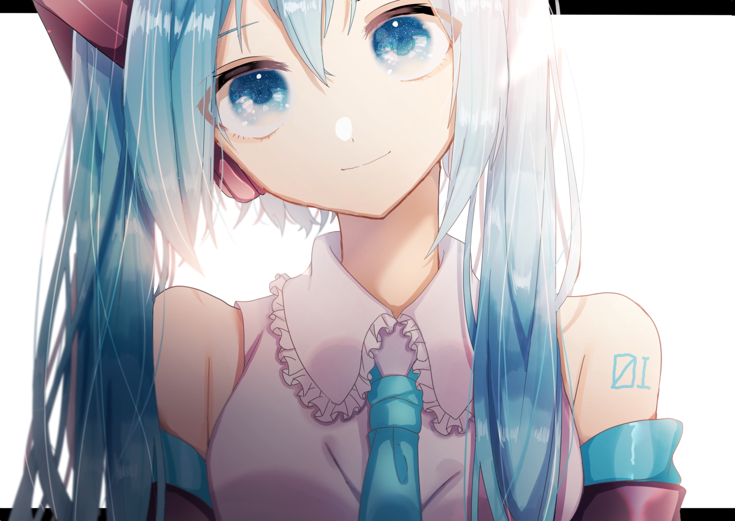 aqua_eyes, aqua_hair, close, hatsune_miku, headphones, long_hair, mame_kuri, tattoo, tie, twintails, vocaloid