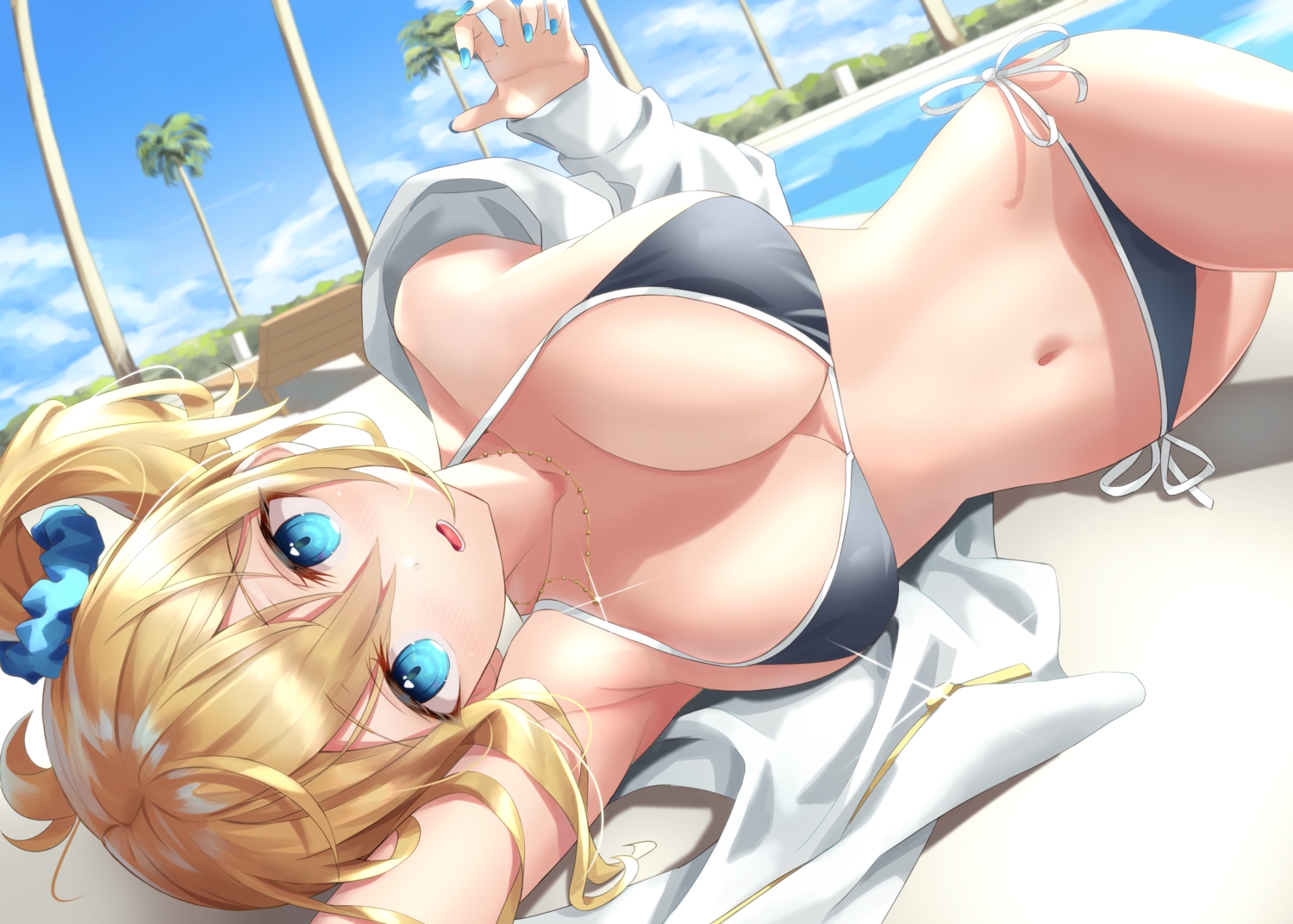 aqua_eyes, bikini, clouds, hamstarhand, hayasaka_ai, hood, kaguya-sama_wa_kokurasetai_~tensai-tachi_no_renai_zunousen~, ponytail, pool, sky, swimsuit, tree, water