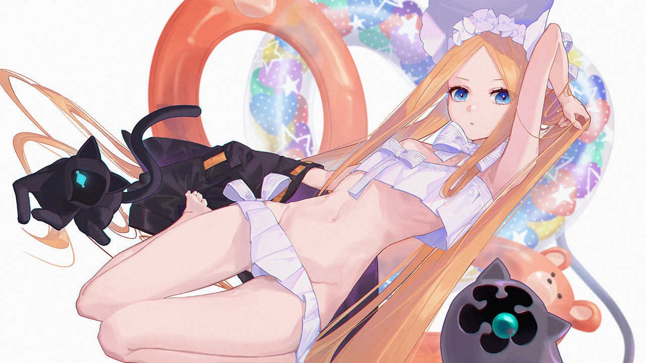 abigail_williams_(fate/grand_order), animal, bikini, blonde_hair, blue_eyes, cat, fate/grand_order, fate_(series), headdress, jacky5493, lolita_fashion, long_hair, swim_ring, swimsuit
