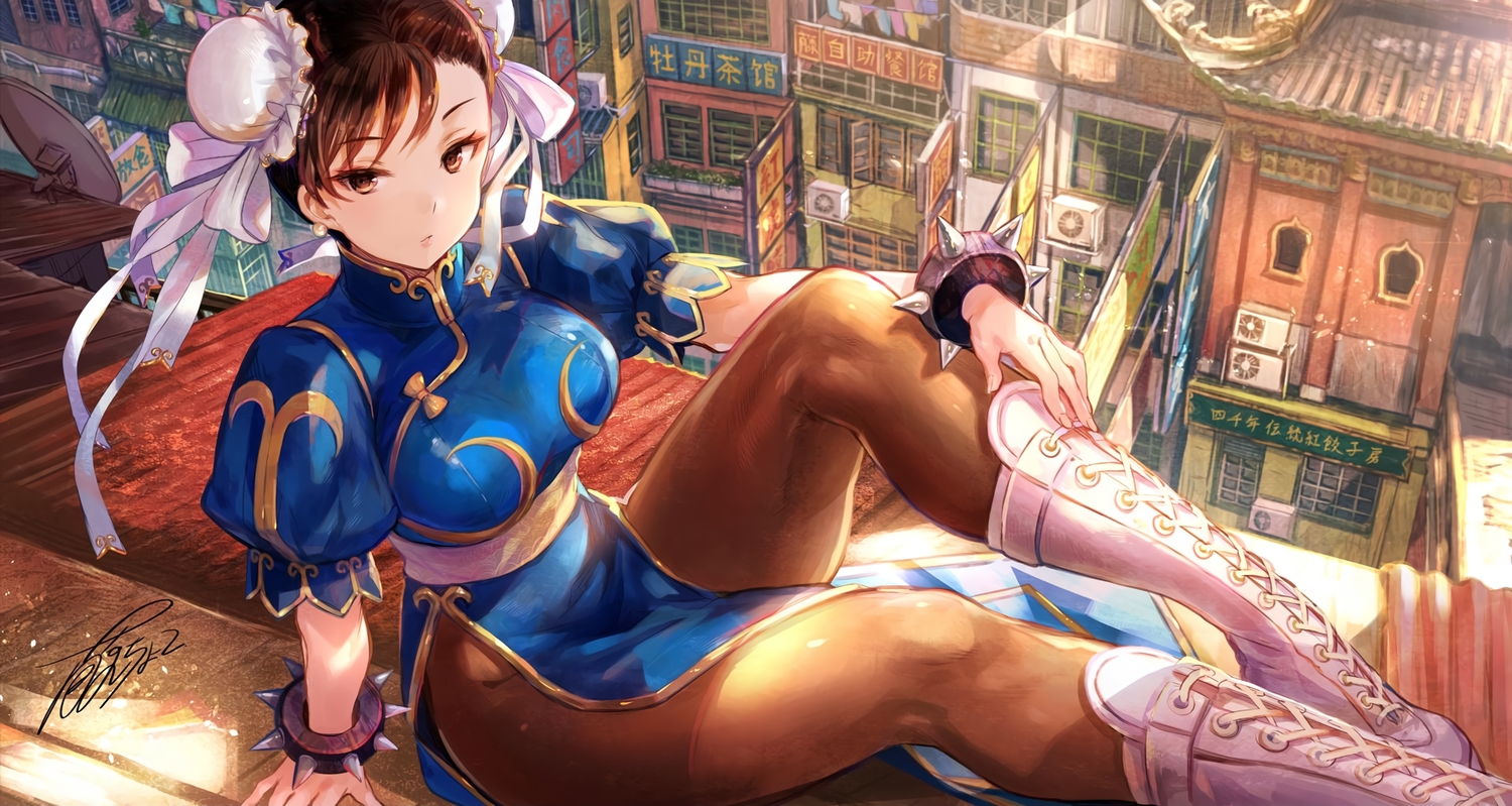 boots, brown_eyes, brown_hair, building, chinese_clothes, chinese_dress, chun-li, city