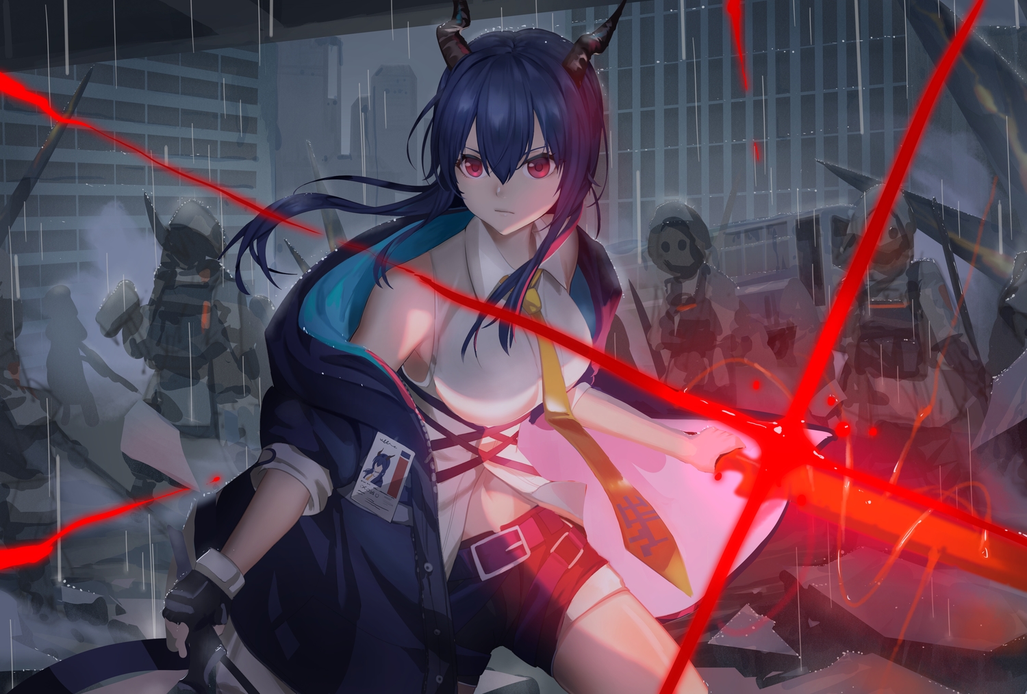 arknights, blue_hair, building, ch'en_(arknights), city, dark, gloves, group, haowei_wu, hood, horns, long_hair, mask, navel, pink_eyes, rain, shorts, sword, tie, water, weapon