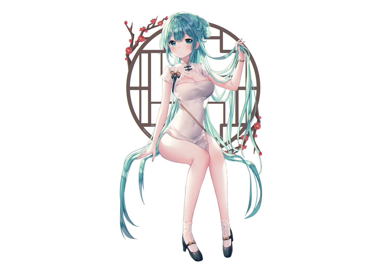 blush, breasts, chinese_clothes, chinese_dress, cleavage, dress, flowers, green_eyes, green_hair, hatsune_miku, long_hair, shiro_albino, signed, socks, vocaloid, white