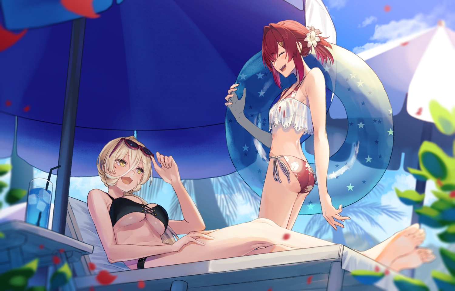 2girls, ange_katrina, barefoot, bikini, blonde_hair, breasts, clouds, drink