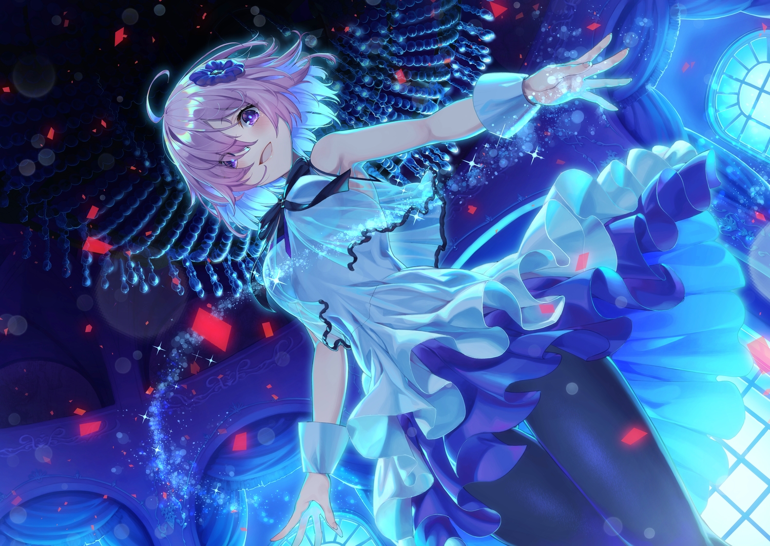 blush, bow, dress, fate/grand_order, fate_(series), kabu_(e90vwggy), mash_kyrielight, pantyhose, purple_eyes, purple_hair, see_through, short_hair, skirt_lift, wristwear