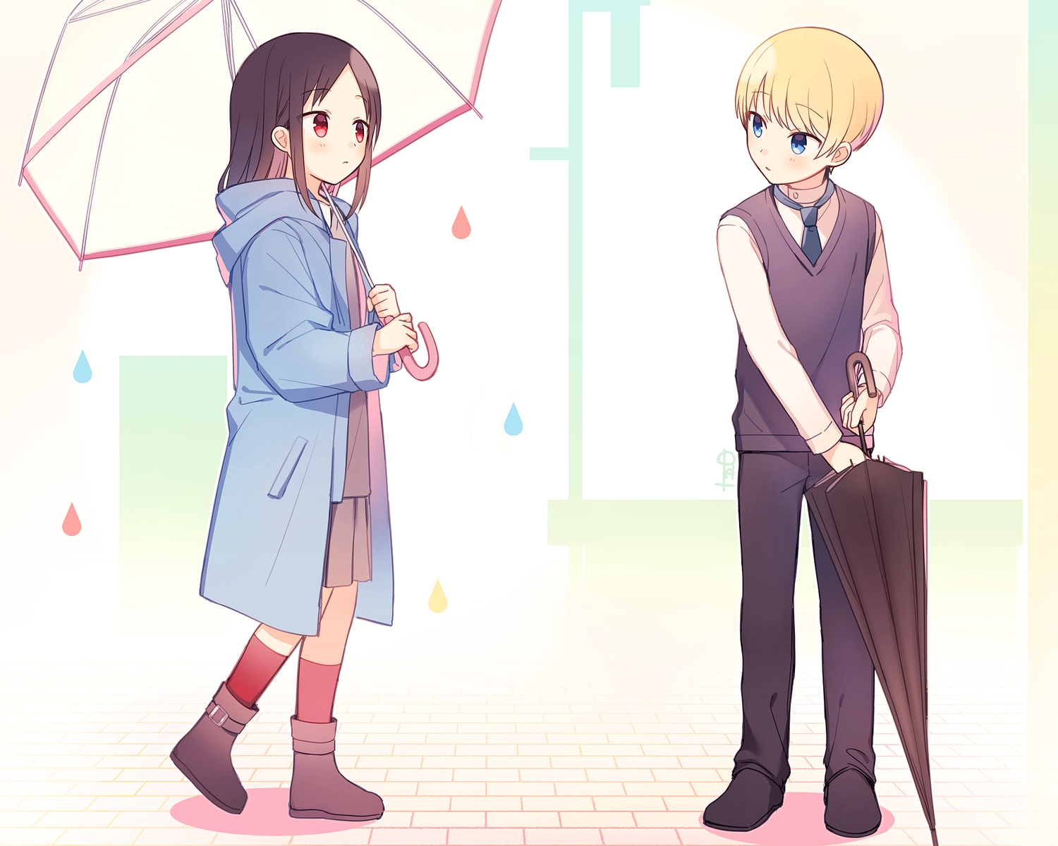 aliasing, black_hair, blonde_hair, blue_eyes, boots, cropped, hood, juugonichi_(wheeliex2)