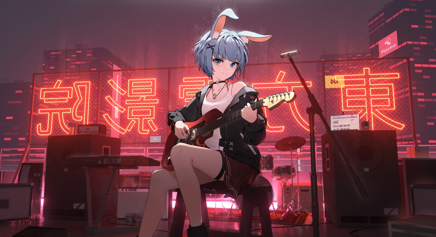 3d, animal_ears, aqua_eyes, blue_hair, building, bunny_ears, bunnygirl, choker, city, drums, even_(even_yiwen), garter, guitar, instrument, microphone, necklace, night, original, piano, rooftop, short_hair, skirt