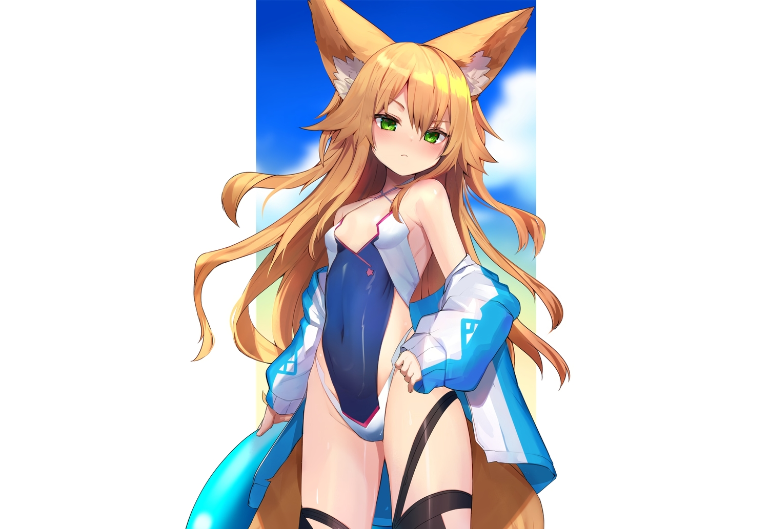 animal_ears, blonde_hair, blush, cropped, foxgirl, garter, green_eyes, haik, kokonoe_tsubaki, long_hair, multiple_tails, original, swim_ring, swimsuit, tail, thighhighs