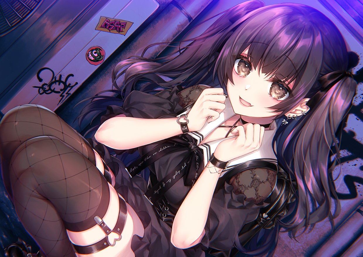 black_hair, bow, brown_eyes, choker, corset, fang, garter, gothic