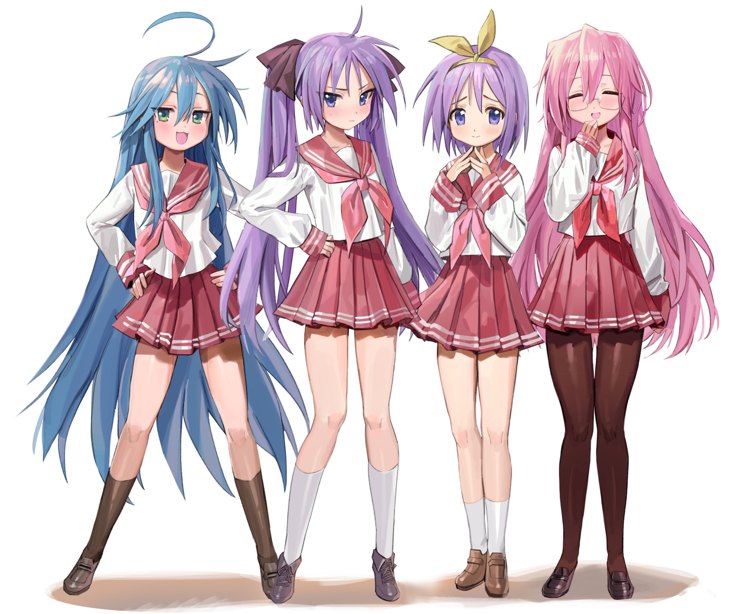 aqua_hair, blush, cat_smile, freng, glasses, green_eyes, group, headband