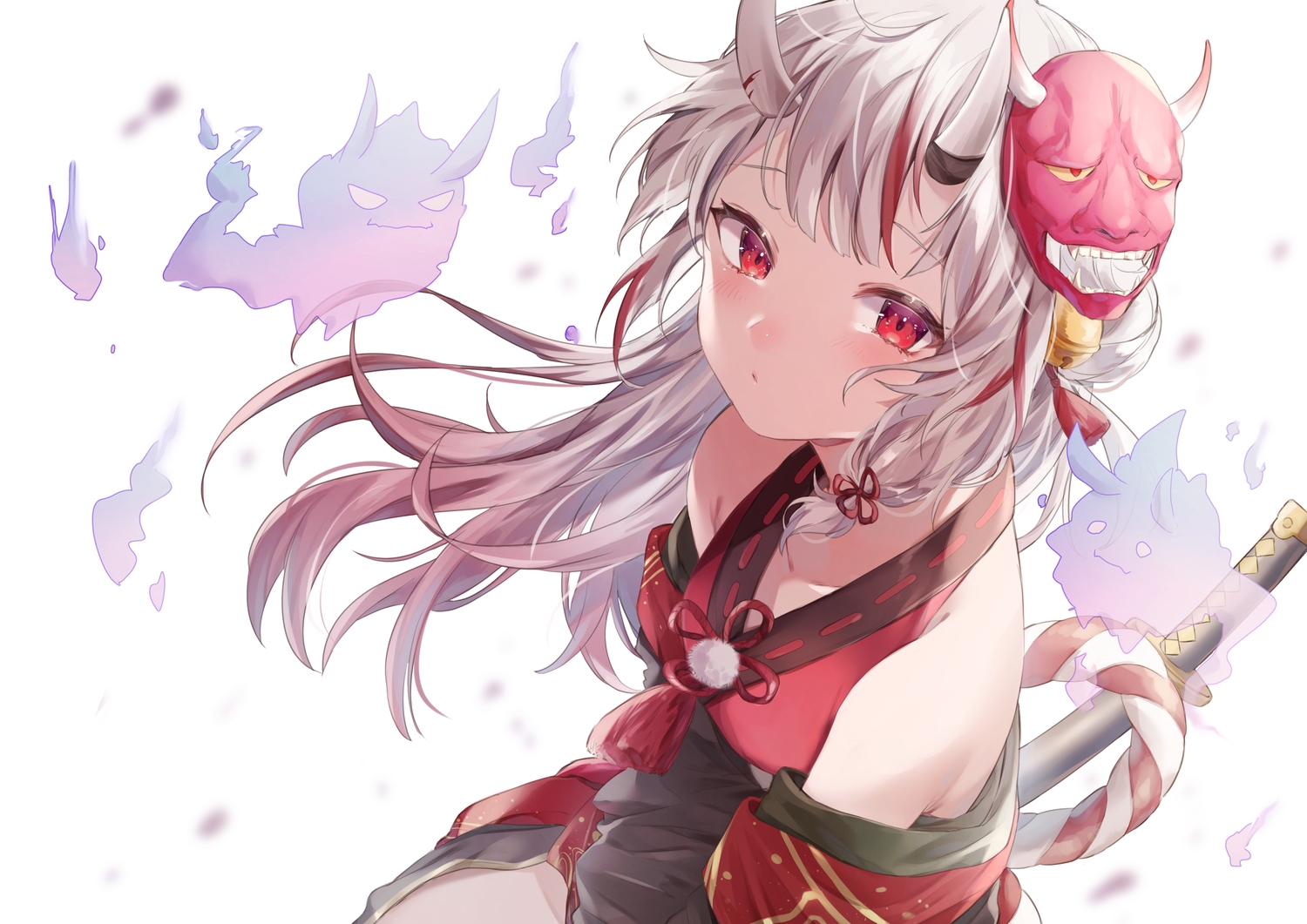 demon, harui_(hr_x9_), hololive, horns, japanese_clothes, katana, long_hair, mask, nakiri_ayame, red_eyes, sword, weapon, white, white_hair
