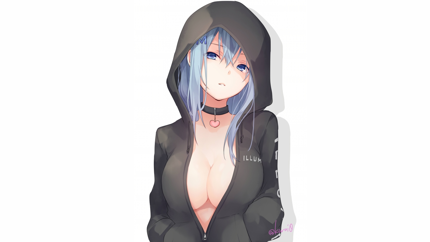 blue_eyes, blue_hair, breasts, choker, cleavage, hood, kuroi_(liar-player), no_bra